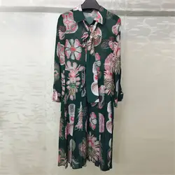 Цветочный принт платье Для женщин Элегантный 2018 летнее платье с длинным рукавом Для женщин мода длинные плиссированные платье
