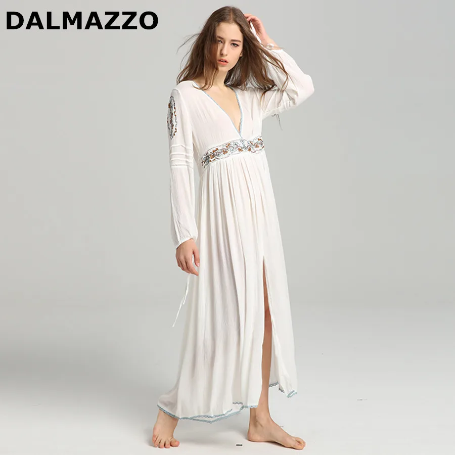 

DALMAZZO 2018 Newest White Women National Wind Loose Waist V Neck Long Sleeve Dresses Print Embroidery Bohemian Cotton Dress