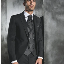 Мужские выпускного вечера костюмы Черный Пиджак Уголь Жилет мужские костюмы Жених Смокинги дружки Костюм свадьба жених пальто Куртка+ Брюки+ галстук+ Жилет
