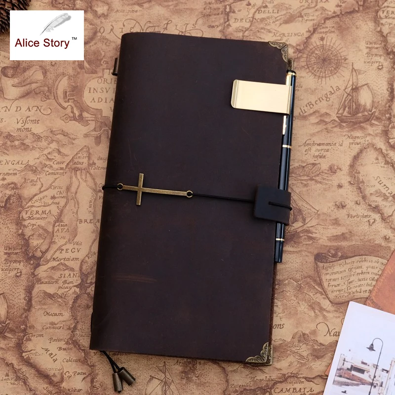 

Genuine Leather Traveler's Notebook Cross Pendant Diary Vintage Handmade Cowhide gift travel notebook