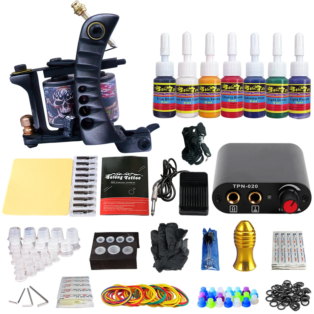 

Stigma 1 Professional Gun Tattoo Kit Power Supply Needle Grips tip 7 color ink set TK105-50