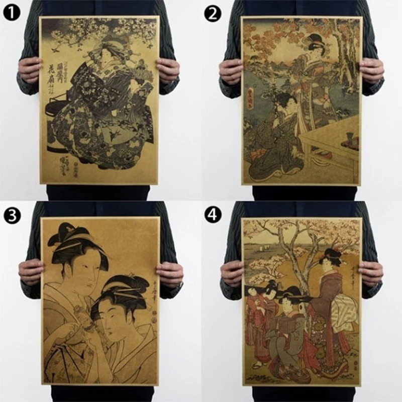 

kraft paper Japanese Ukiyoe Geisha Vintage Kraft Poster bar cafe Decor stickers wall sticker home Painting hanging decorative