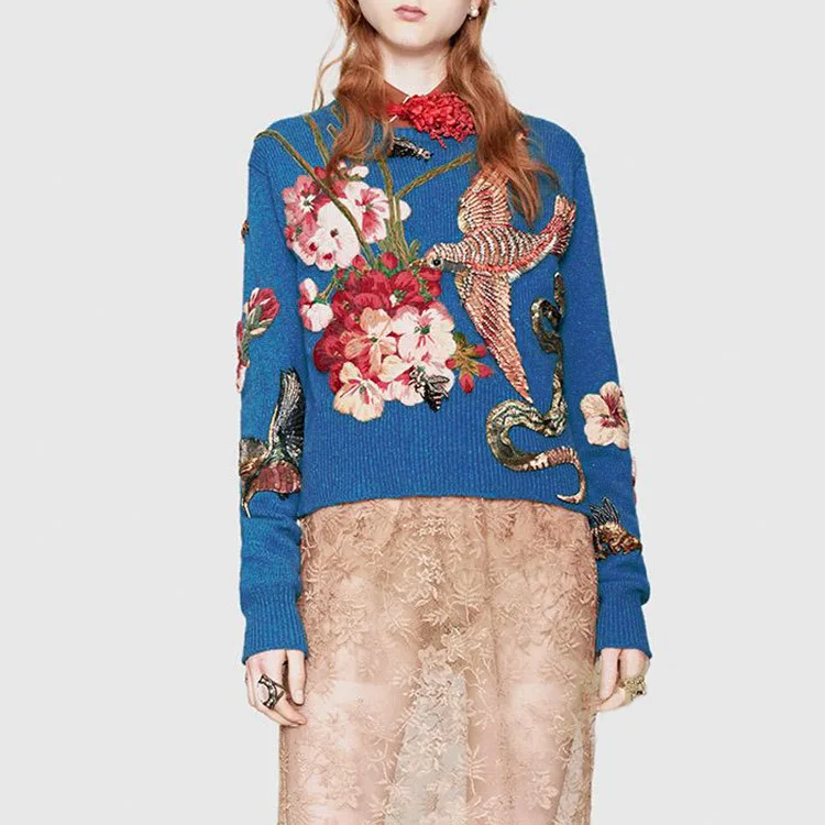 Yidora роскошный бренд Новая мода синий Тяжелый вышивка цветы свитер изображением птицы бусины-бриллианты трикотаж женские свитера пуловер