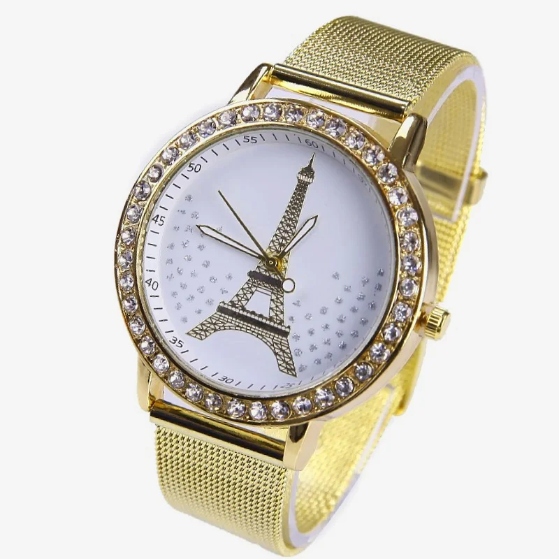 Gnoval Platinum TOP Metal women Watch Paris Eiffel Crystal Stars Dial Wristwatch Girl Reloj Para Dama geneva style A088