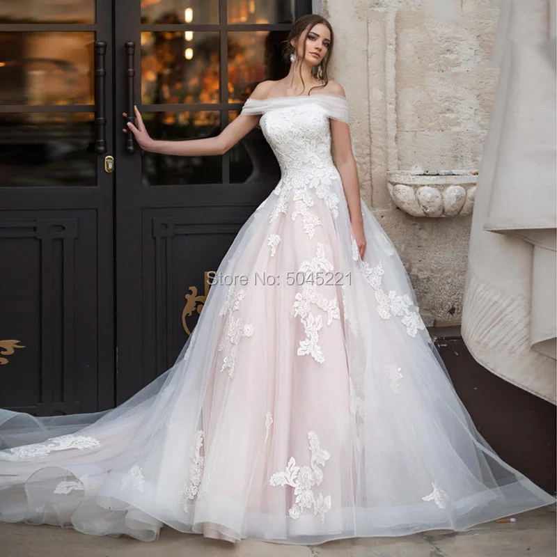 

Pink Appliques Tulle Wedding Dresses Off the Shoulder Sleeveless Lace Up Wedding Gowns Abiti Da Sposa Vestidos Longo 2019