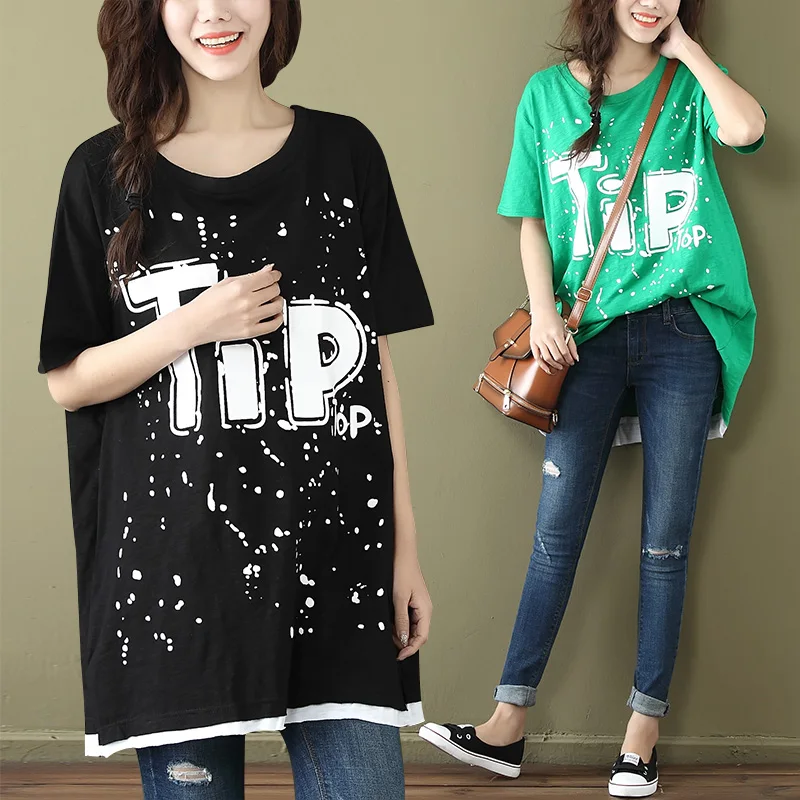 

2017 New Arrive Spring And Summer Ladies large-size T-shirt Long Printed Cotton Short-sleeve T-shirt