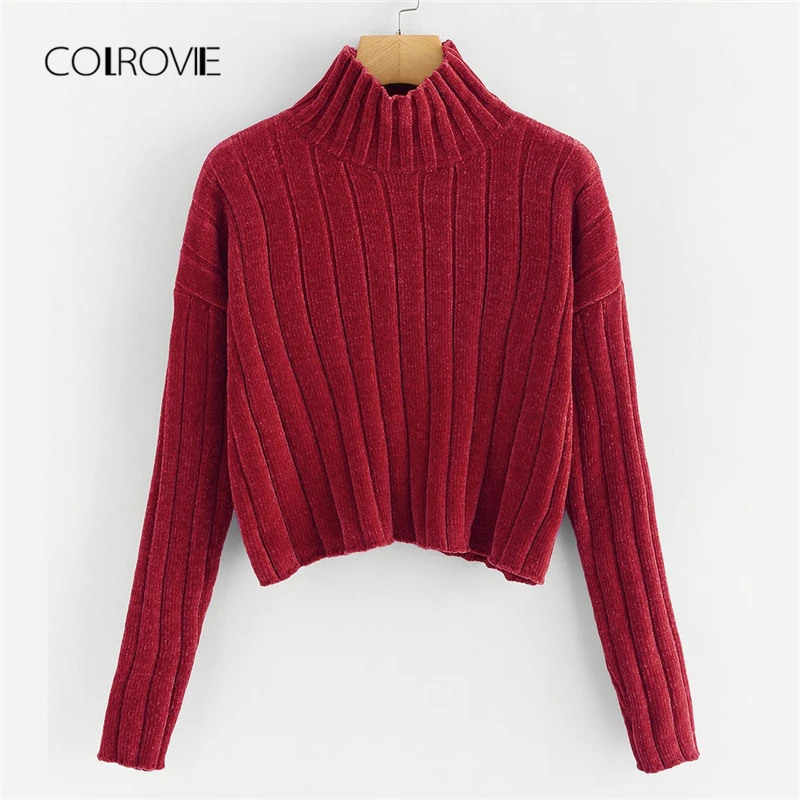 

COLROVIE Black High Neck Crop Female Sweater Ladies Autumn 2018 Ginger Girls Pullover Winter Jumper Sweaters Women Clothes