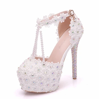 

Lace Pearl White Flowers Bridal Shoes Thin High Heel Platform Shoes With Pearl Pendant Round Toe Wedding Shoes Sandals XY-A0290