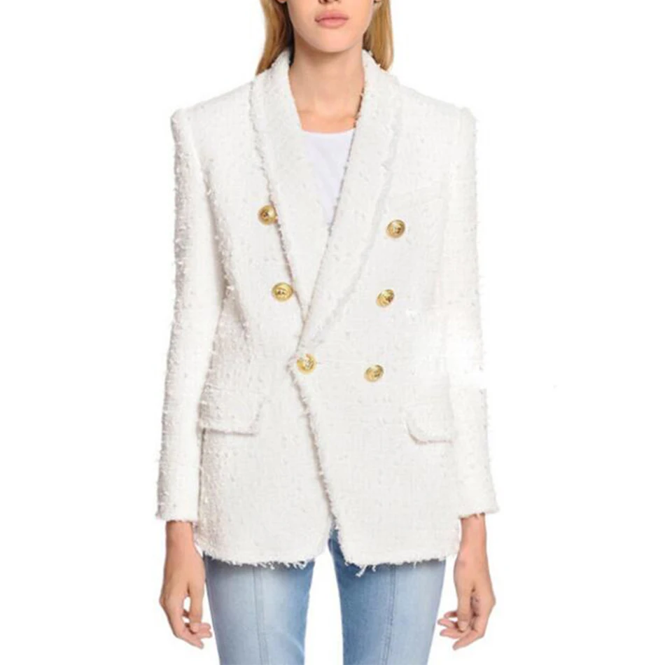 HAGEOFLY высокое качество белый черный блейзер Для женщин с длинным рукавом золото Двойные кнопки новые дизайнерские пиджаки внешняя куртка