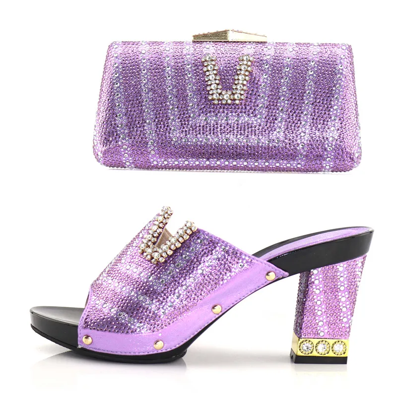 

Free shippint sweet lilac color shoes and bag matching set for african big wedding lace fabric aso ebi party shoes bag SB8136-8