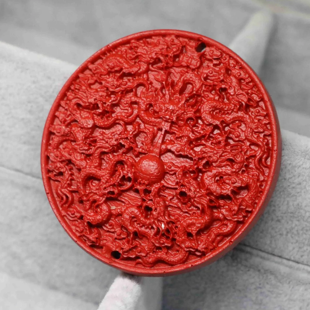Fashion Chinese Large Round Coin Synthetic Red Cinnabar Vintage Pendant Carving Ancient Dragon Jewelry Accessories 56Mm B1534