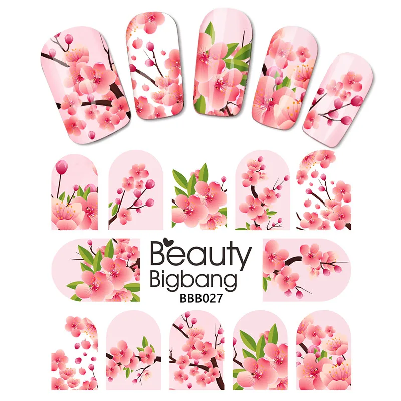 

BeautyBigBang 10 Sheets Pink Nail Sticker Water Slider Decoration Cherry Blossom Theme Design Manicure Transfer DIY For Nail Art