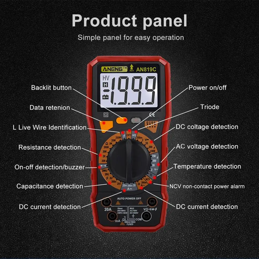 ANENG AN819C Цифровой мультиметр ЖК дисплей AC/DC Амперметр Вольтметр Сопротивление