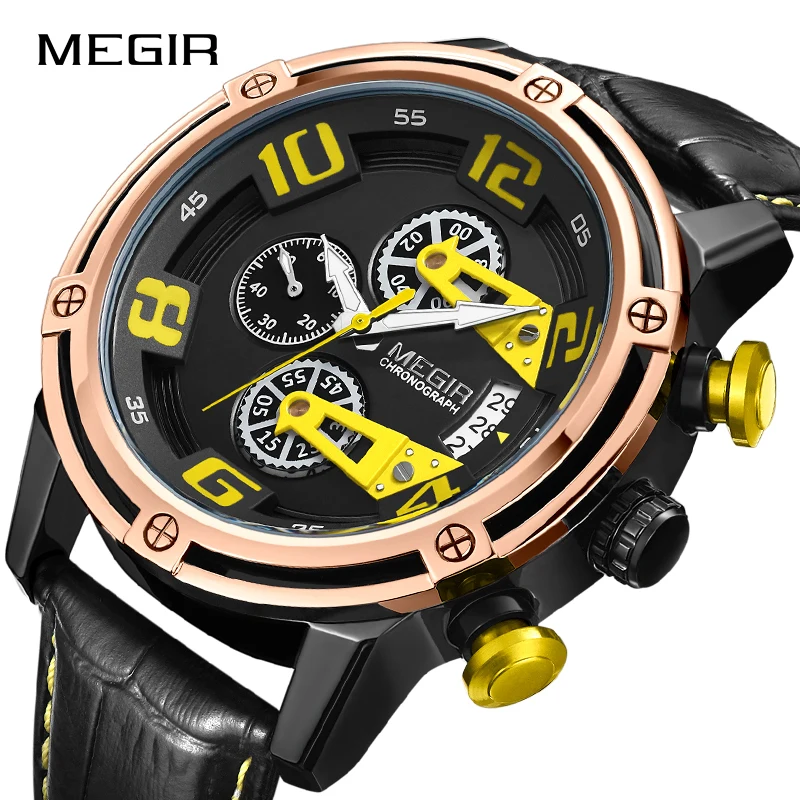 MEGIR Men's Genuine Leather Quartz Sports Watches Top Brand Luxury Military Stop Watch Waterproof W