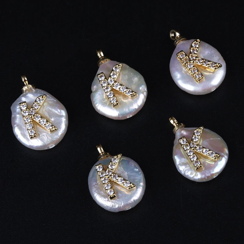 

gold initial 26 alphabet letter A-Z ABC charm pave white CZ crystal freshwater pearl pendant for DIY customized Jewelry gift