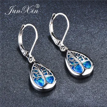 

Vintage Blue White Fire Opal Earring Plant Life Tree Dangle Earrings For Women Silver Color Water Drop Earrings Wedding Gift