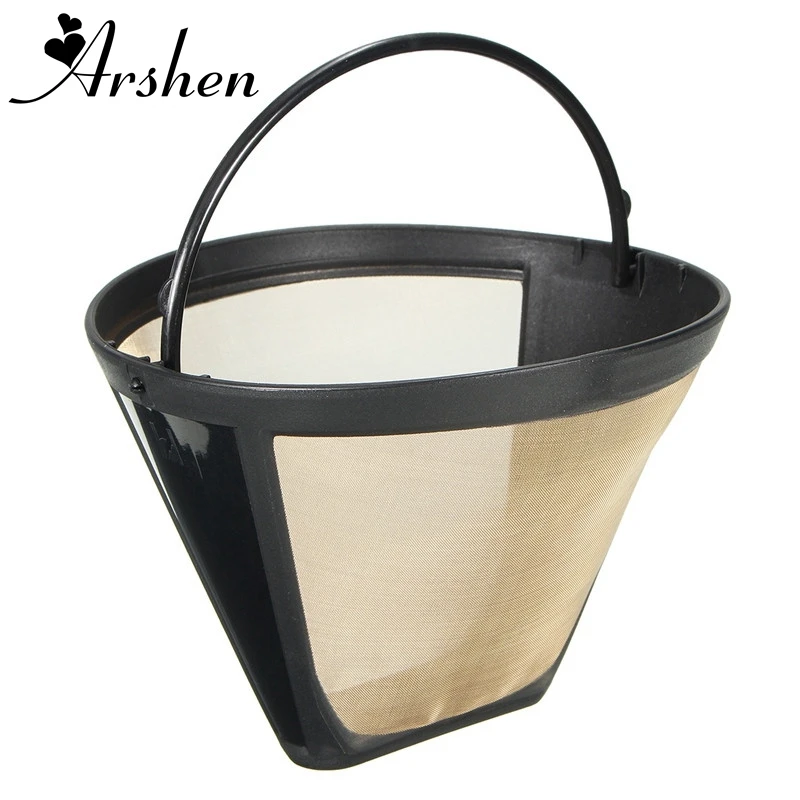 

Arshen Reusable 10-12 Cup Coffee Filter Permanent Cone-Style Coffee Maker Machine Filter Gold Mesh With Handle Cafe Coffees Tool