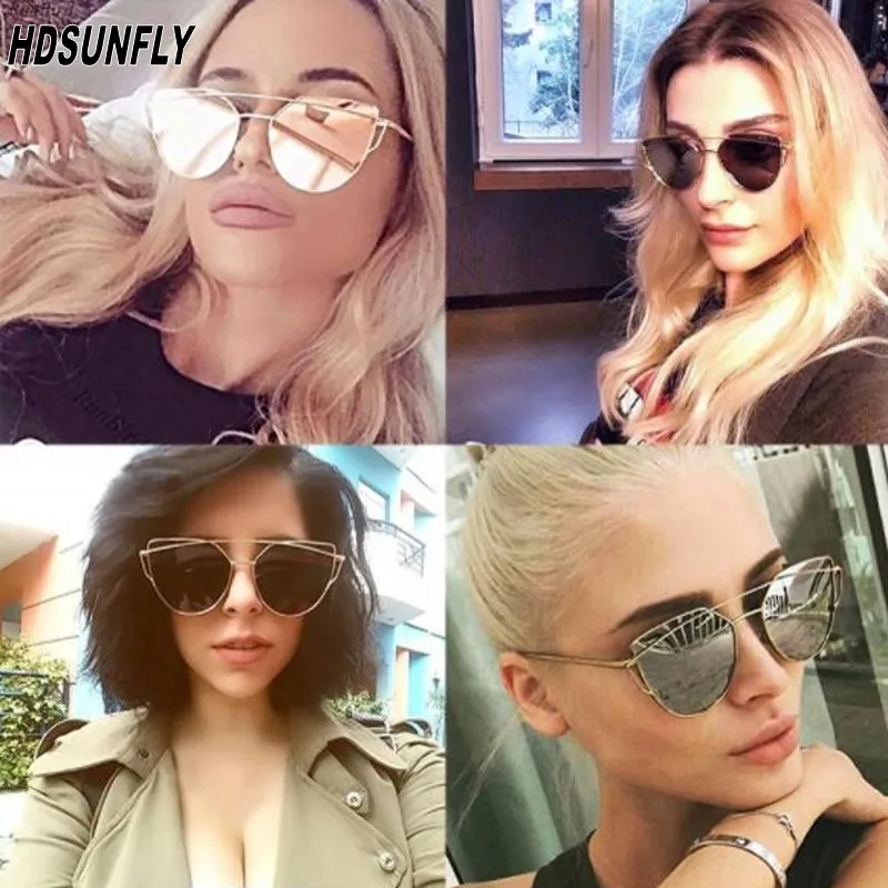 

2018 Cat Eye vintage Brand designer rose gold mirror Sunglasses Women Metal Reflective flat lens Sun Glasses Female Eyewear