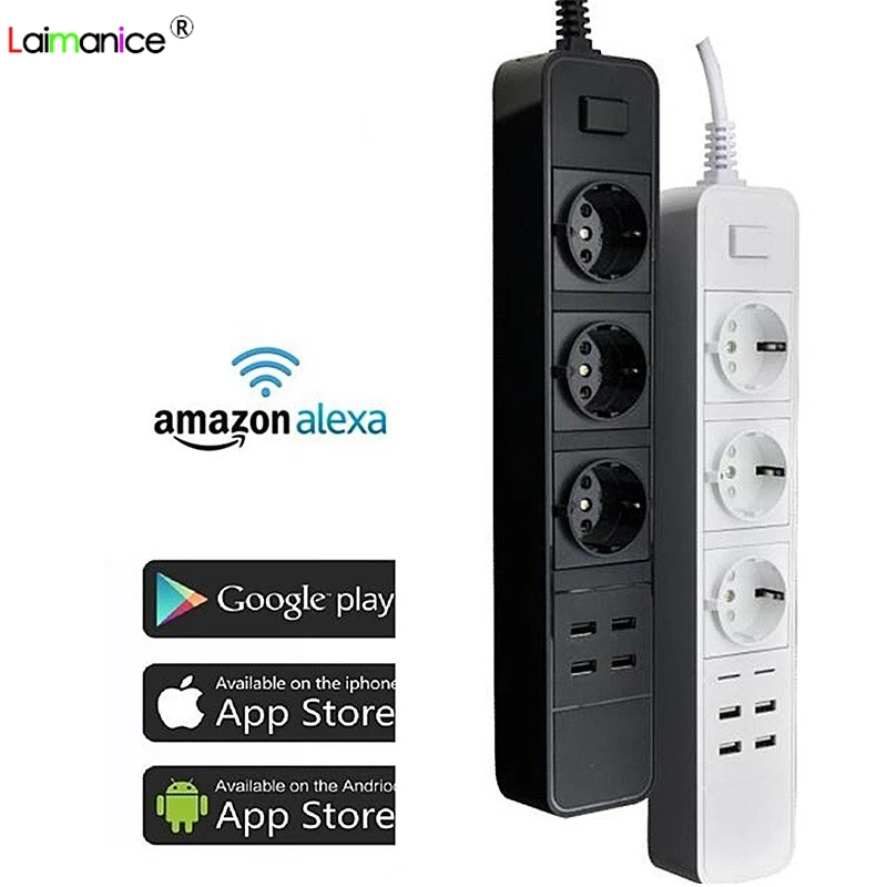 

Smart Wifi Power Strip Surge Protector 3 EU plug Sockets 4 USB Port Voice Control for Alexa's Google Home Timer
