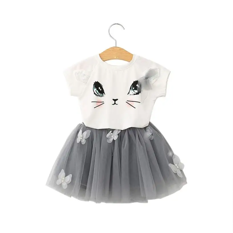 

Kids Girls Cat Pattern Shirt Top Butterfly Tutu Skirt Set Clothing
