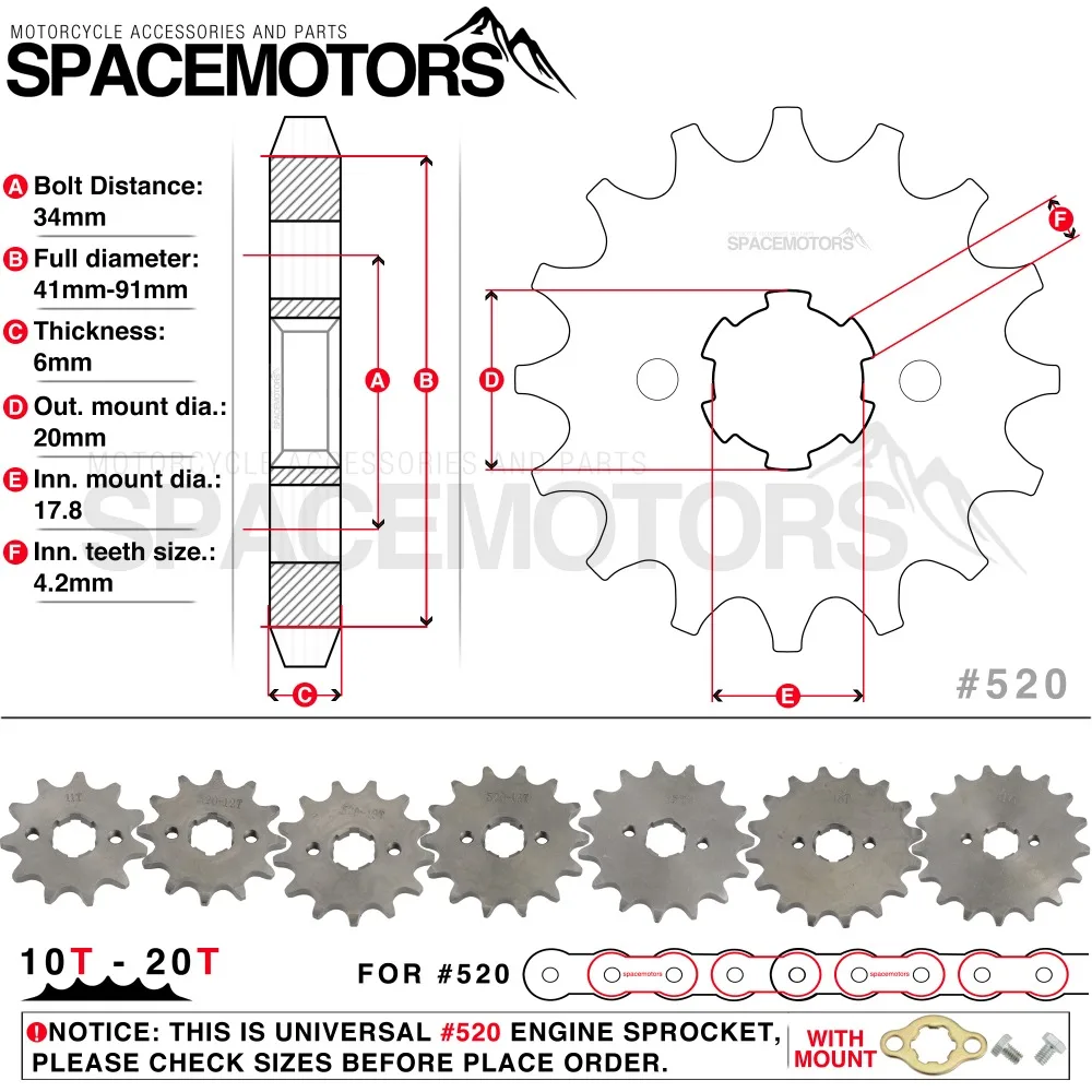 

Front Engine Sprocket 520# 10T-20T 12 13 Teeth 20mm For 520 Chain With Plate Locker Motorcycle Dirt Bike PitBike ATV Quad Parts