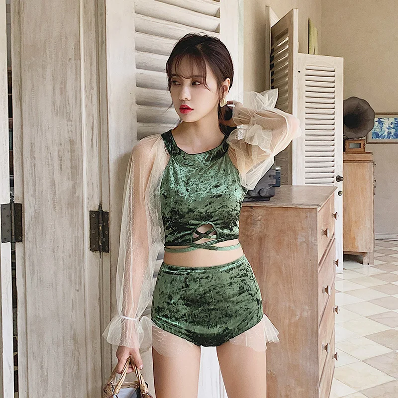 

2019 New Arrival Push Up Bikini Split Halter Swimwea Sexy Lace long sleeves two piece Swimsuit Beach Women Bathing Suits