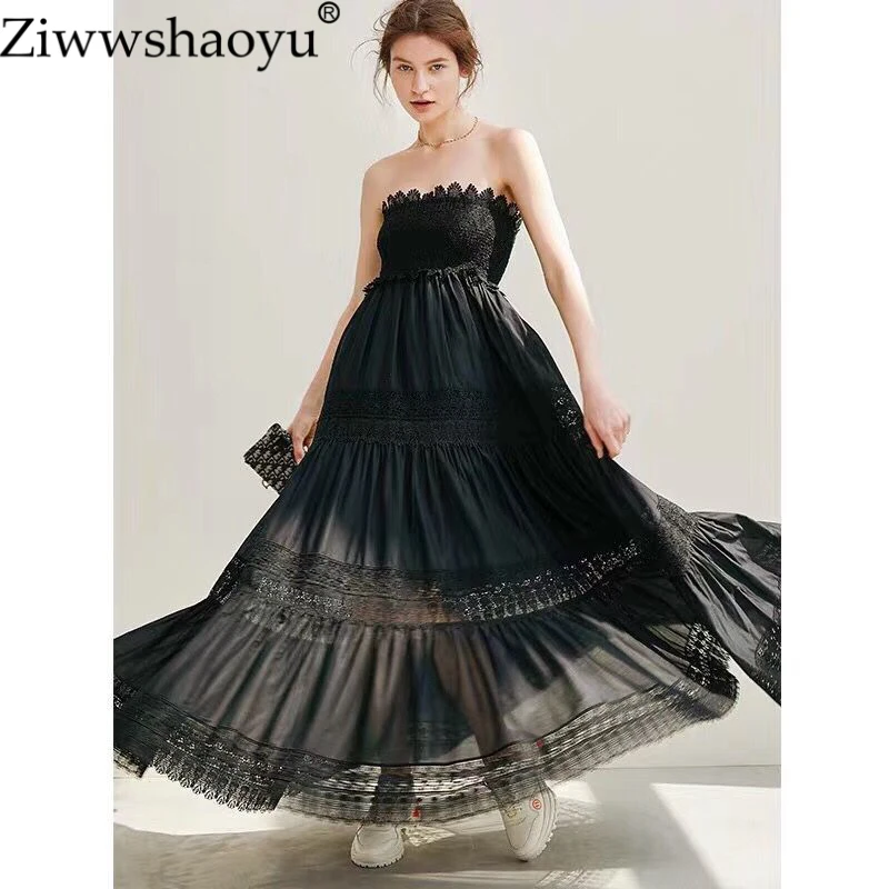 Ziwwshaoyu эластичная повязка на головку без бретелек длинное кружевное платье в стиле пэчворк элегантные вечерние Big pendulum, платье для весны и лета, новинка для женщин