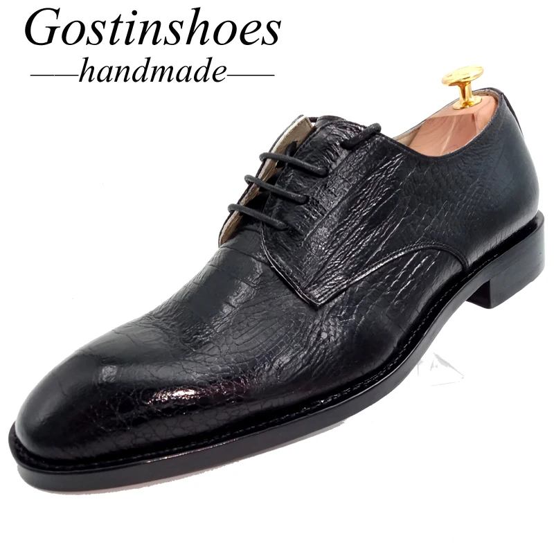 

Goodyear Welted Men Derby Shoes Black Formal Cow Leather Waxed Crocodile Printed Lace-up Mens Dress Business Party Shoes Gstn18