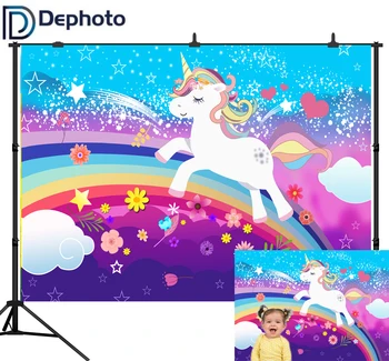 

DePhoto Unicorn Birthday Party Photography Backdrops Newborn Baby Shower Photo Background Rainbow Flower Backdrop Photo Studio