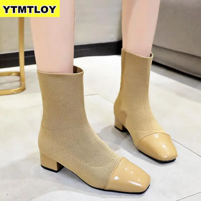 

2019 HOT Women Black Ankle Sock Boots Fashion Spring Autumn Stretch Chunky High Heels Pointed Toe Shoes Zapatos De Mujer Bota