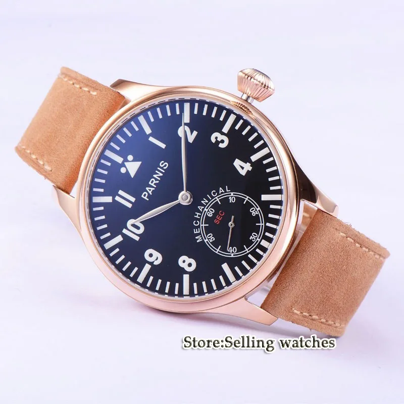 

44mm parnis Rose Gold case black dial big 6498 movement hand winding mens watch