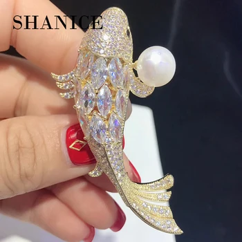 

SHANICE Luxurious Gold Fish Full Crystal Cubic Zirconia Brooches Trendy Plant pearl brooch Big pins Hyperbole Ethnic