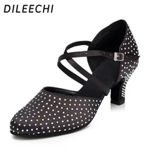 Dileechi бренд Для женщин Костюмы для латиноамериканских танцев Современная танцевальная обувь горячей дрель Костюмы для бальных танцев Обувь для танцев Вышивка Крестом Пакет пальцы осень-зима танцевальная обувь