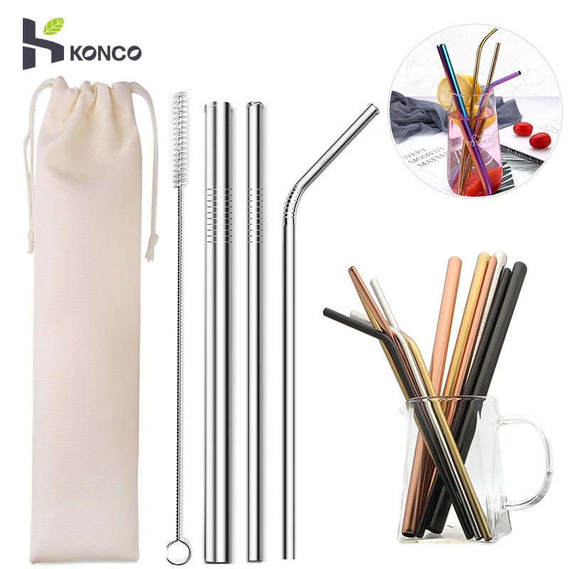 

Eco-Friendly Drinking Straws Stainless steel reusable Tea Coffee drinking Straws with clean brush and Portable packing bags