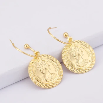 

AENSOA New Trendy Gold Color Retro Portrait Engraved Coin Drop Earrings For Women Exquisit Round Earrings Classic Jewelry 2018