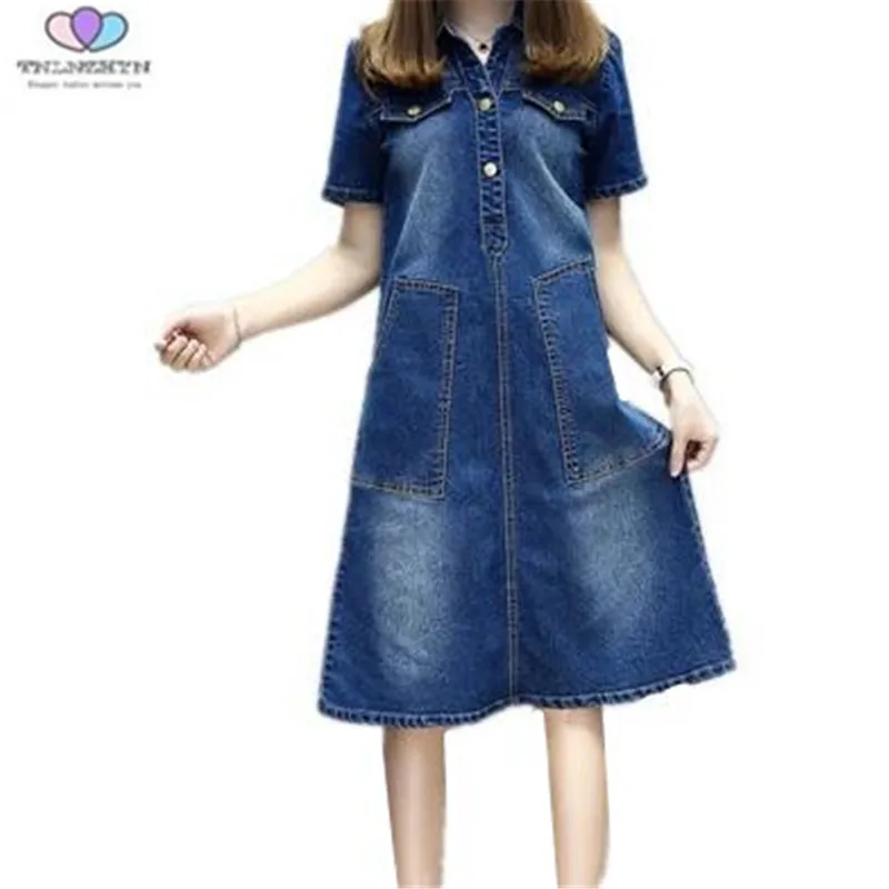 

2019 New Summer Women Denim Dresses Loose Pockets A-Linen Jeans Dress Plus Size Casual Short Sleeve Dresses TNLNZHYN E513