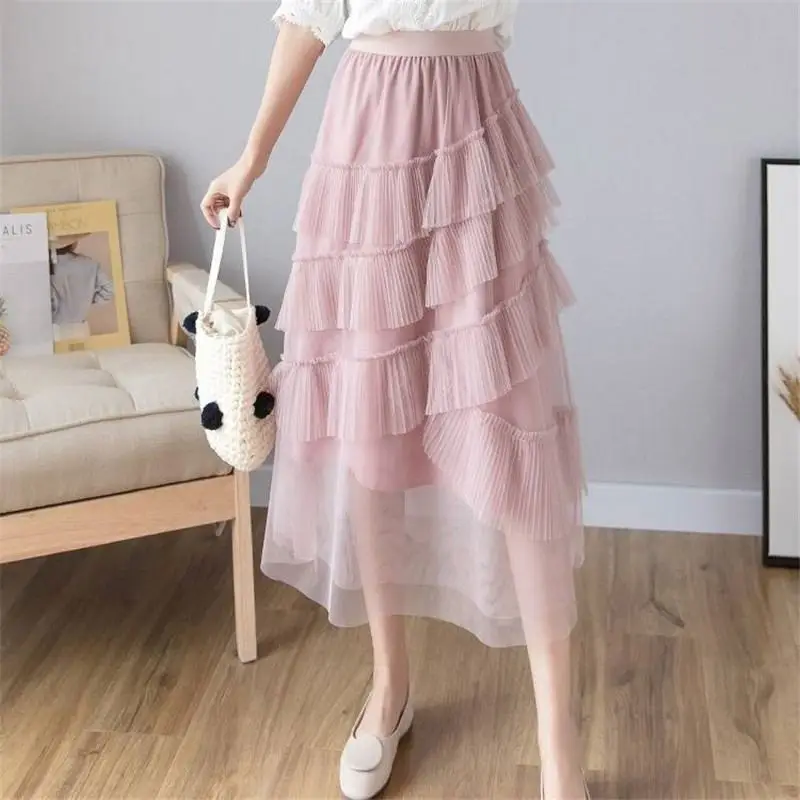 Сезон: весна–лето женский сплошной Цвет эластичный Высокая Талия юбки Для женщин АСИММЕТРИЧНЫМ ПОДОЛОМ Сетчатое милое бальное платье средней длины юбки M44