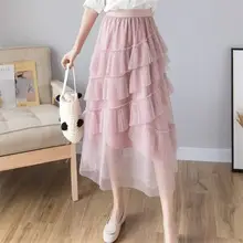 Сезон: весна–лето женский сплошной Цвет эластичный Высокая Талия юбки Для женщин АСИММЕТРИЧНЫМ ПОДОЛОМ Сетчатое милое бальное платье средней длины юбки M44