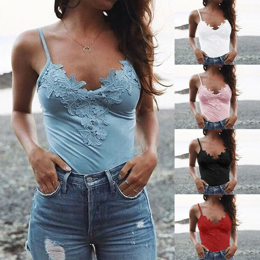 

Sexy Women Plain Camisole Lace Splicing Double V-neck Vest Slim Sling Tank Tops