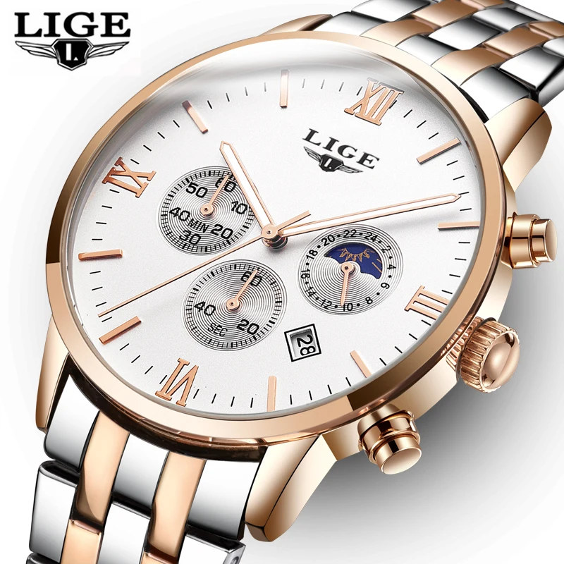Топ люксовый бренд Мужские часы 2020 LIGE zegarek moon phase стальные мужские бизнес Модные