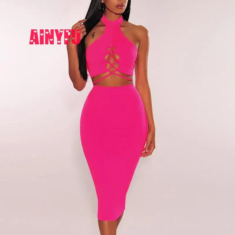 

Bandage Two Piece Set Party Dress New Women Summer Halter Maxi Dress Hollow Out Party Dress Summer Backless Club Sexy Dress A668