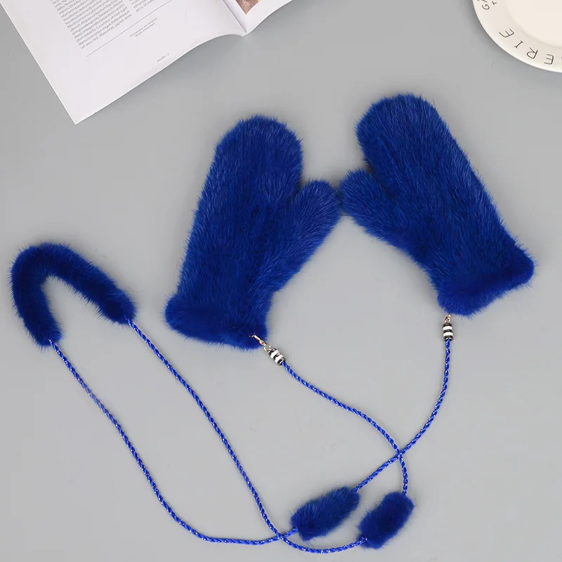 Mink Fur Orange Gloves Women Winter New Korean Version Of The Warm Cute Female Suede Weaving Fingers Fur Gloves - Цвет: blue