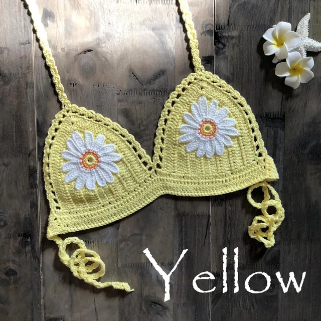9 Color 2019 Sexy Bikini Top Women's Halter Neck Crop Top V Knit Crochet Cami Summer Fashion Bikini Lace Crochet Hollow Out Bra yellow