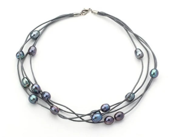 

FAB Multi Strands 10-11mm Black Freshwater Pearl on Grey Leather Necklace