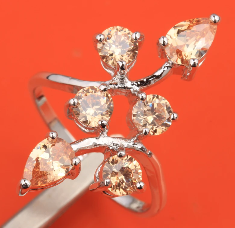 Pleasant Champagne Morganite Zircon Gems Silver Plated Argent Solitaire Ring Size 6 7 8 9 