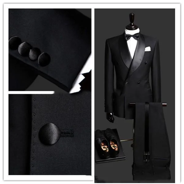 

Double-Breasted Side Slit Black Groom Tuxedos Shawl Lapel Groomsmen Best Man Mens Weddings Prom Suits (Jacket+Pants+Girdle+Tie)