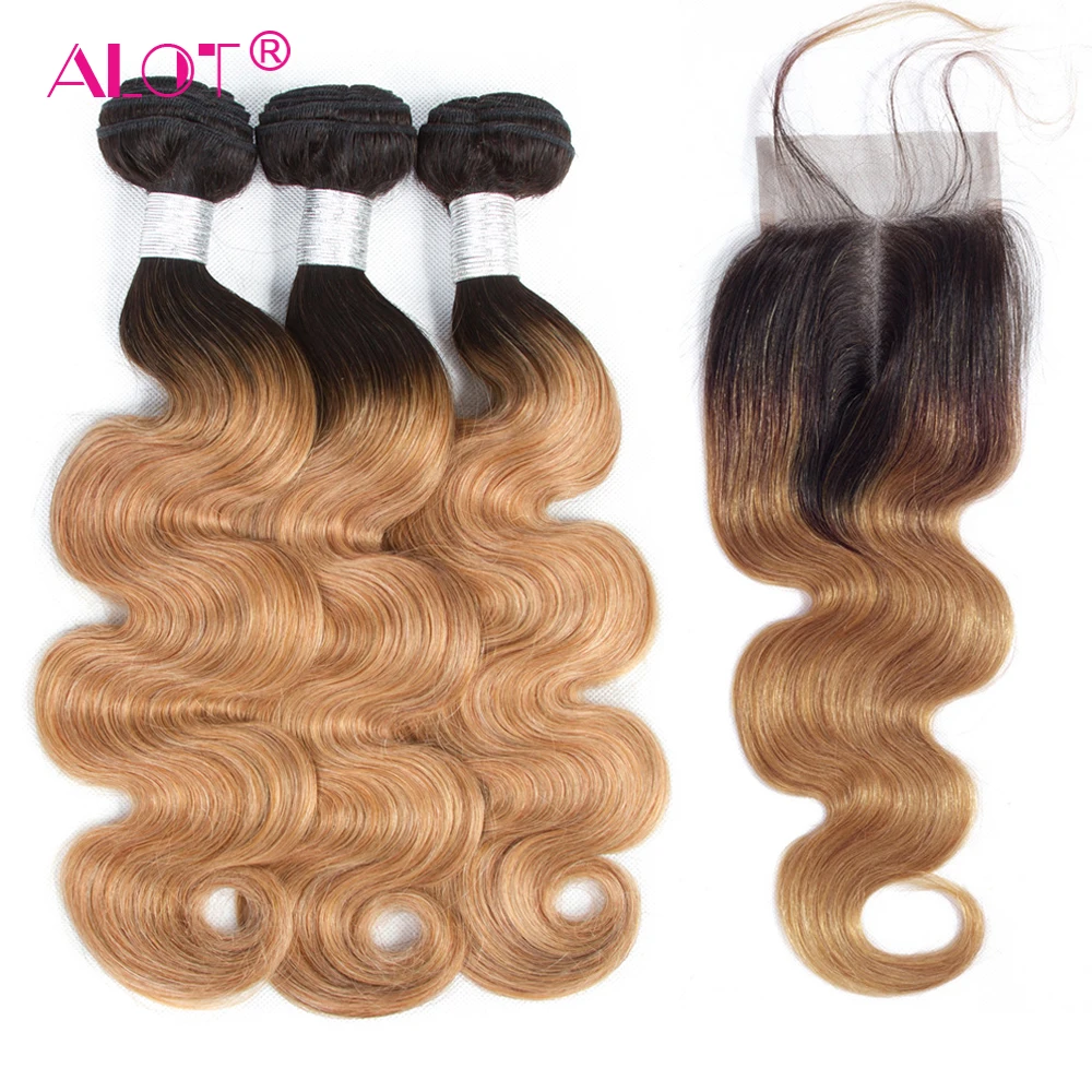 Body Wave Ombre Human Hair 3 Bundles With Closure 1b/27 Brazilian Hair Weave With Lace Closure 2 Tone Pre Colored Non Remy