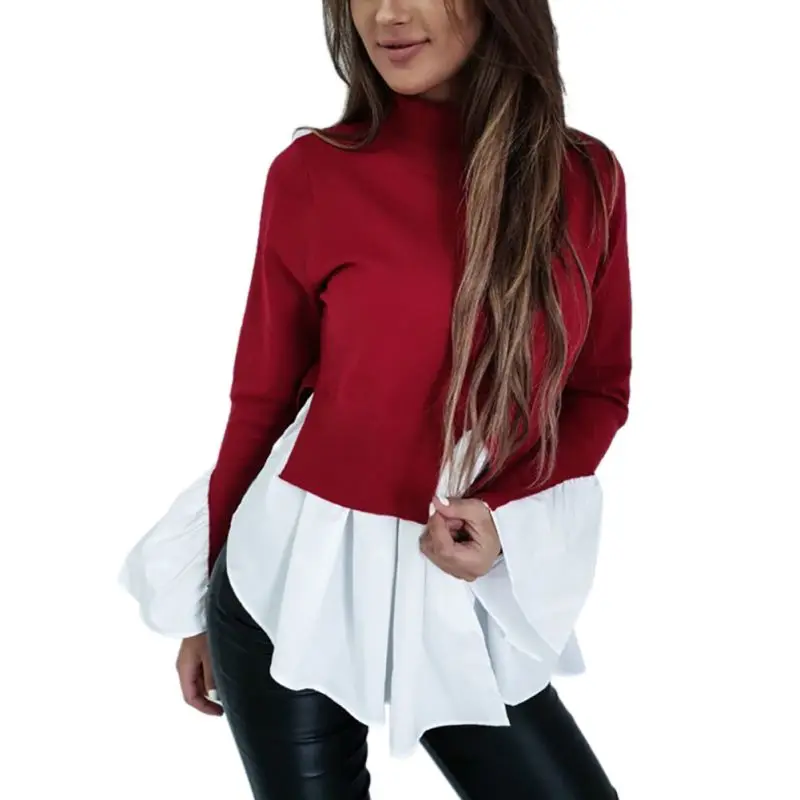 

women blouse shirt long sleeve Turtleneck Patchwork ruffle irregular hem chiffon shirt plus size casual work blouse