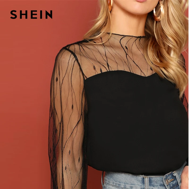  SHEIN Black Sheer Contrast Mesh Yoke Sweetheart Neck Round Neck Top Women Spring Elegant Autumn Cas