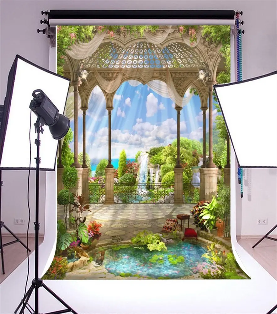 

Photography Backdrop Dreamy Fairy Tale Garden Blue Sky White Cloud Scene Photo Background Party